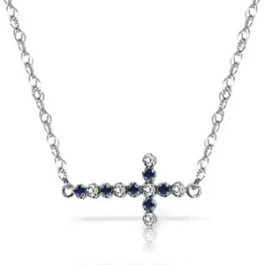 0.24 Carat 14K Solid White Gold Cross Necklace Diamond Sapphire