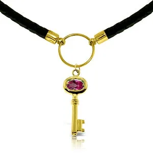 0.5 Carat 14K Solid Yellow Gold Leather Key Necklace Pink Topaz