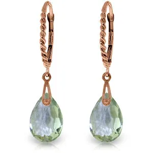 14K Solid Rose Gold Leverback Earrings w/ Briolette Green Amethyst