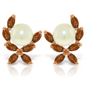 14K Solid Rose Gold Stud Earrings w/ Natural Garnets & Pearls