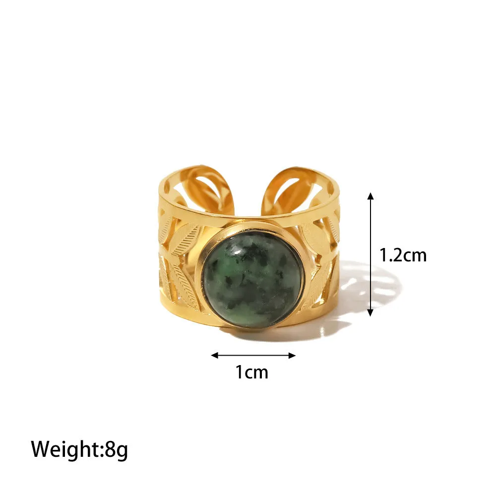 18K Gold Plated Inlaid Green Malachite Openwork Leaf Ring