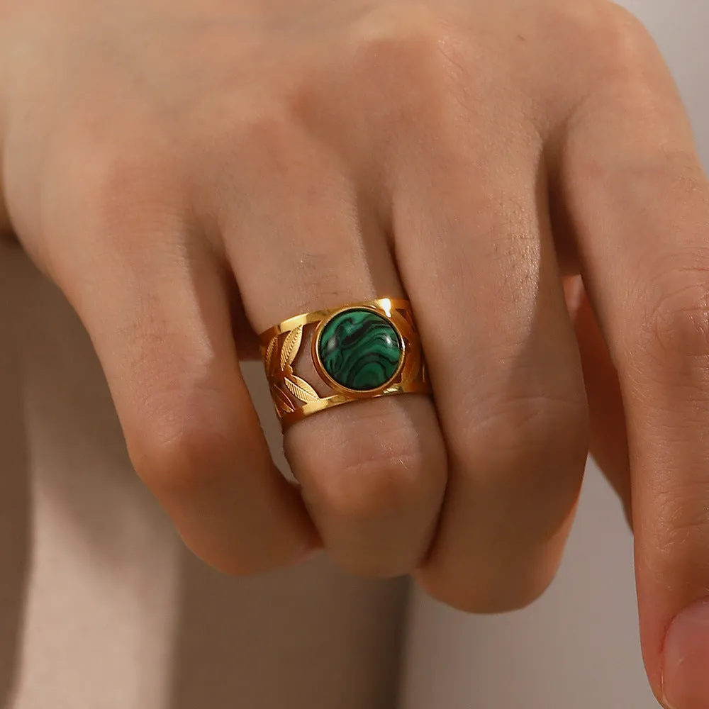 18K Gold Plated Inlaid Green Malachite Openwork Leaf Ring