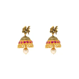 22K Antique Gold Jhumka Earrings w/ Rubies and Pearls (21gm)