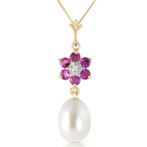 4.53 Carat 14K Solid Yellow Gold Necklace Natural Pearl, Amethyst Diamond