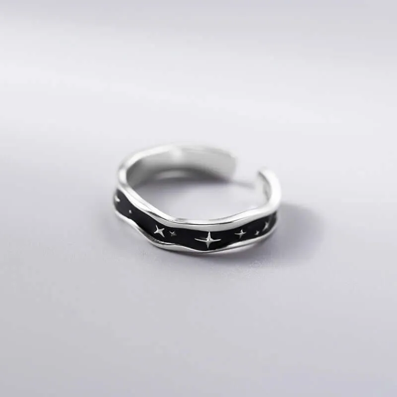 925 Silver Irregular Black Enamel Starburst Plain Ring