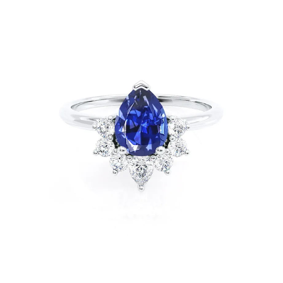 BALLET - Chatham® Pear Blue Sapphire & Diamond Half Halo Tiara Ring Platinum 950