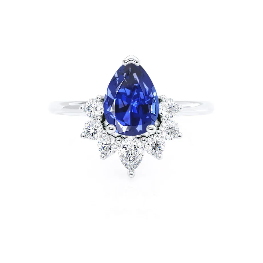 BALLET - Chatham® Pear Blue Sapphire & Diamond Half Halo Tiara Ring Platinum 950