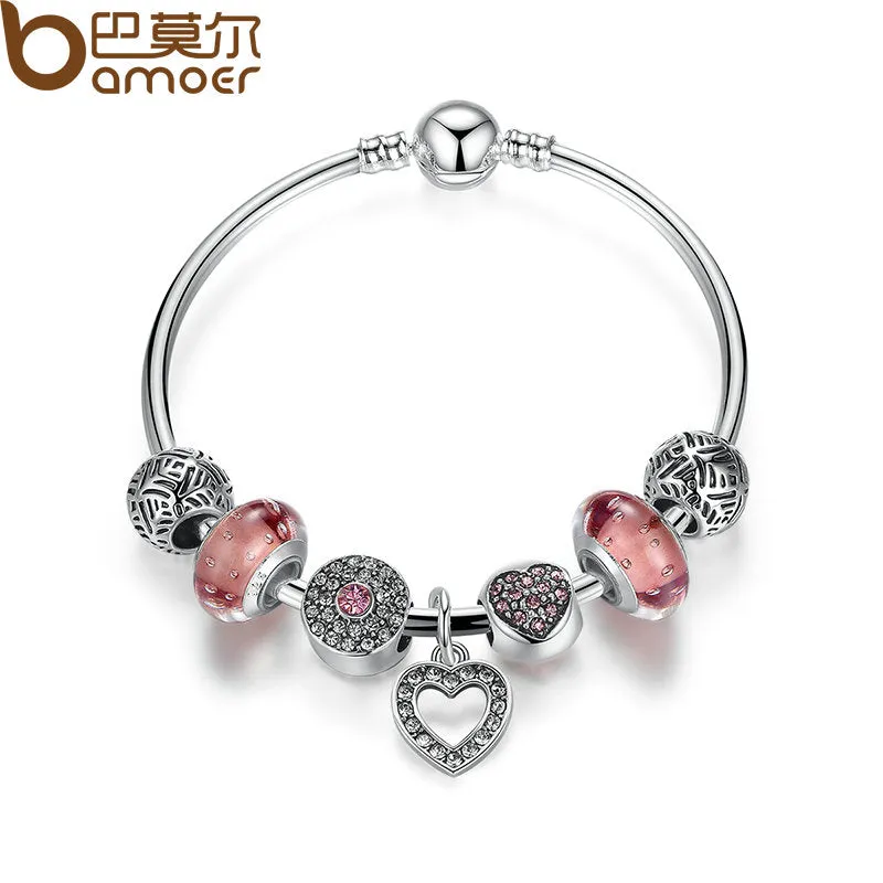 BAMOER Simple Friendship Bracelets Silver Color Heart Pendant Bracelets with European Beads Girl Bracelet Jewelry PA3805