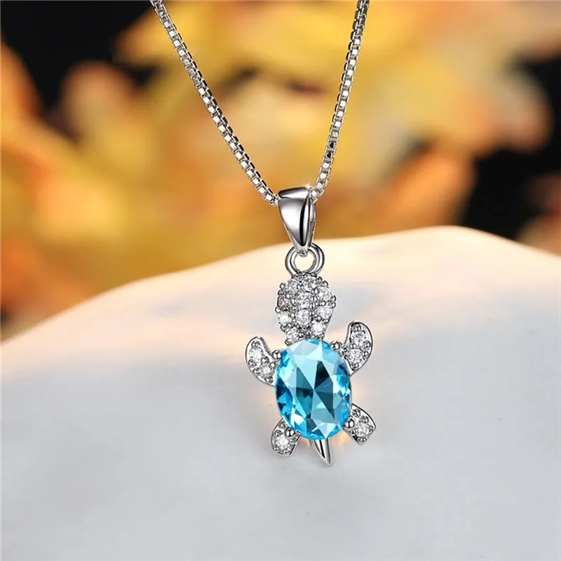 Blue Purple Oval Zircon Pendant Rainbow Stone Cute Turtle Necklaces For Women Multicolor Crystal Animal Necklace