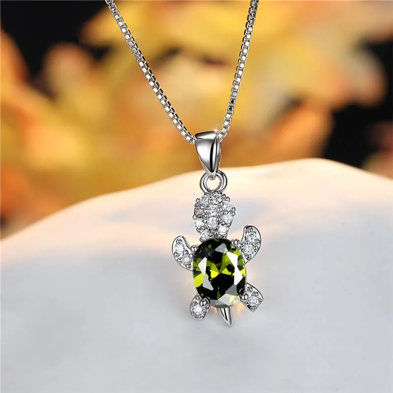 Blue Purple Oval Zircon Pendant Rainbow Stone Cute Turtle Necklaces For Women Multicolor Crystal Animal Necklace