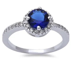 Blue Sapphire Halo Style Sterling Silver Ring