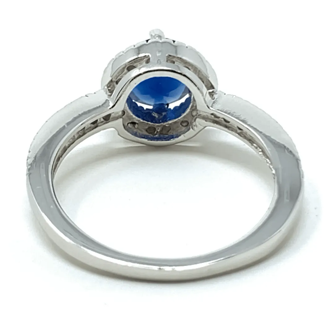 Blue Sapphire Halo Style Sterling Silver Ring