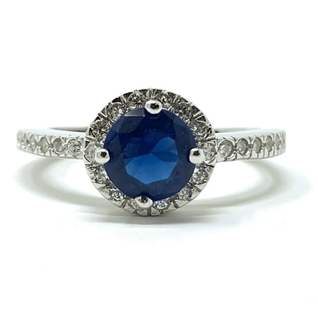 Blue Sapphire Halo Style Sterling Silver Ring