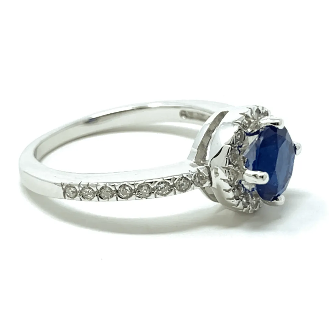 Blue Sapphire Halo Style Sterling Silver Ring