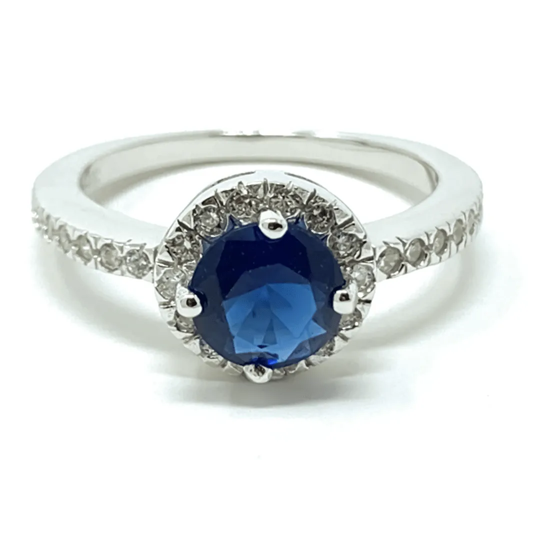 Blue Sapphire Halo Style Sterling Silver Ring