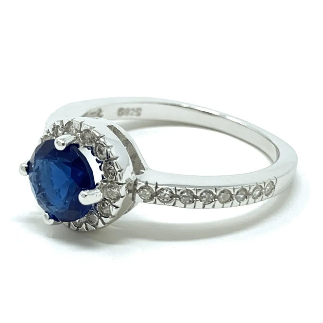 Blue Sapphire Halo Style Sterling Silver Ring