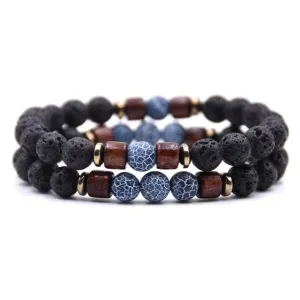 Classy Men Beaded Blue Wooden Bracelet Set