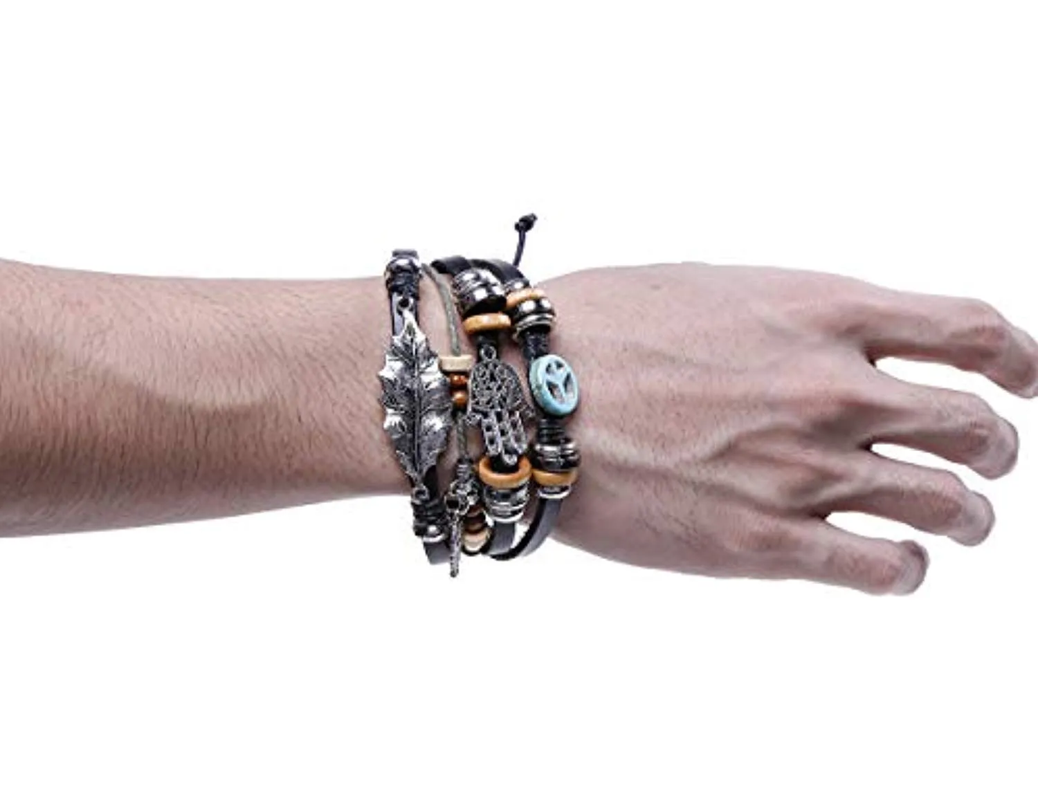 Electomania Black Leather Multilayer Hand Peace Owl Leaf Charm Bracelet for Men and Women