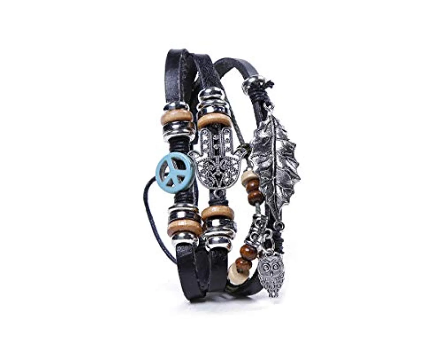 Electomania Black Leather Multilayer Hand Peace Owl Leaf Charm Bracelet for Men and Women