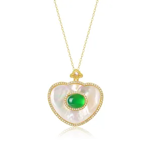 Green Onyx Mother of Pearls Pendant Necklace Gold Vermeil