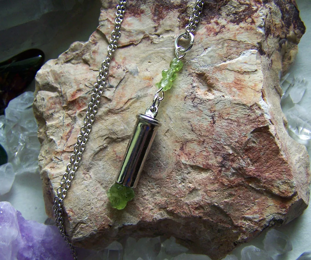 Green Peridot Gemstone Silver Bullet Jewelry Pendant Necklace