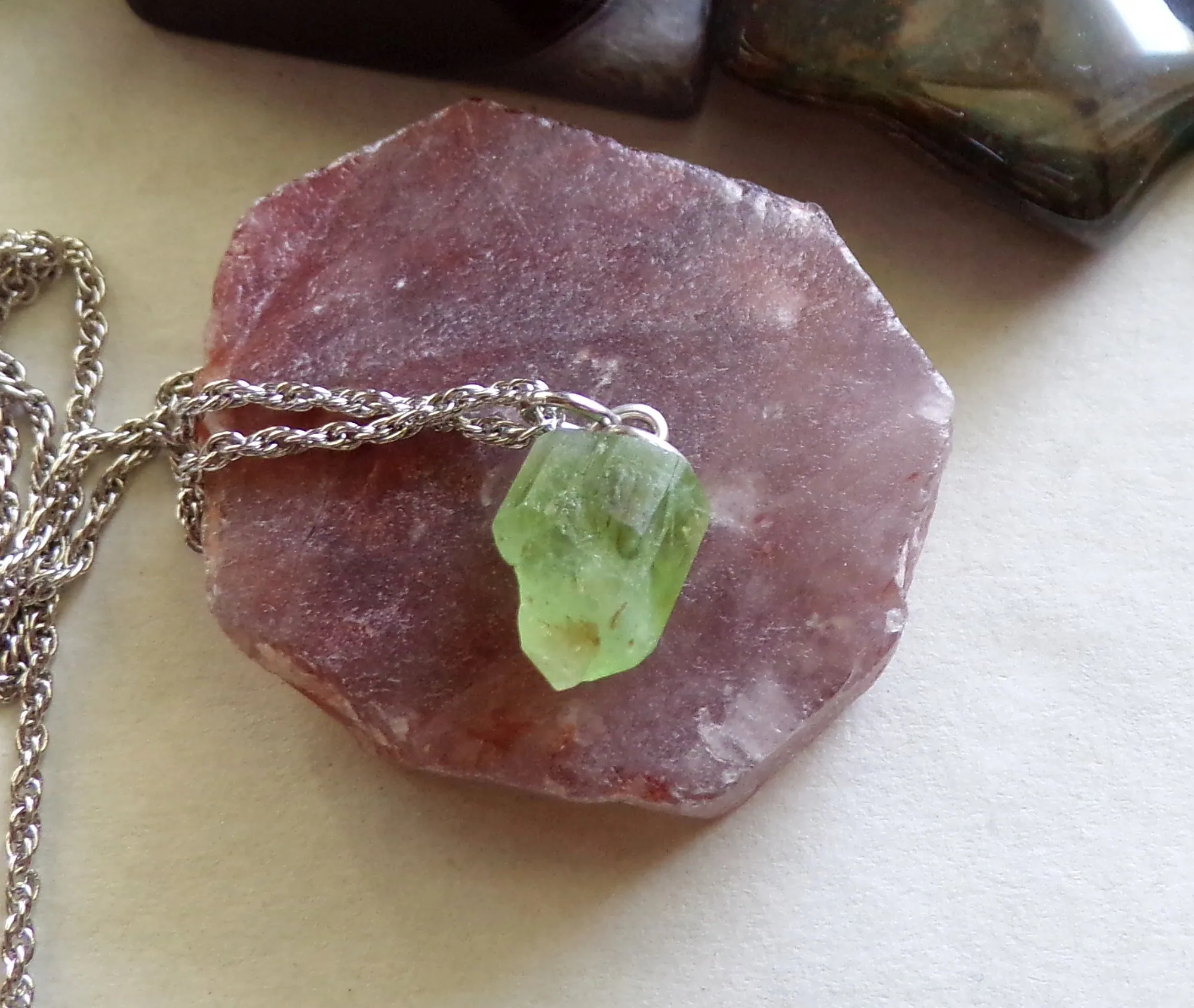 Green Peridot Natural Gemstone Crystal Point Necklace Pendant