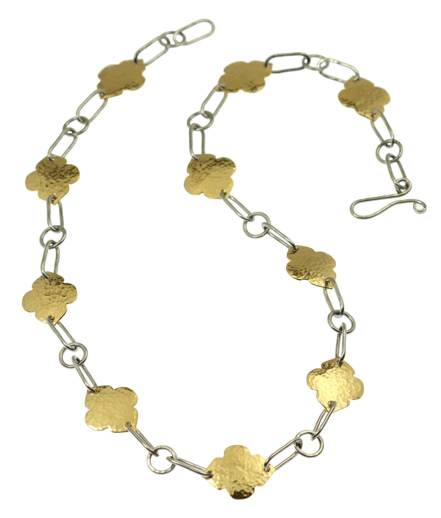 Hammered Stainless Steel Link Necklace with Nu Gold Hammered Quatrefoil Accents