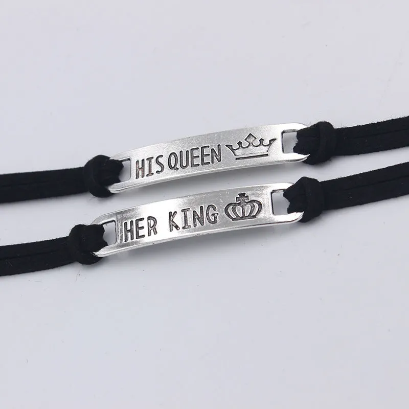 His Queen Her King Metal Bar Couple Bracelet Set