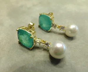 Exquisite Mint Green Paraiba Tourmaline and Pearl Earrings