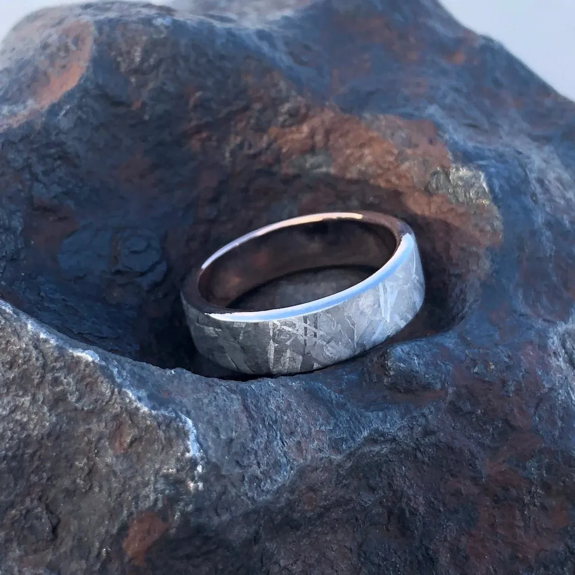 New 6mm Meteorite Ring with 14k Rose Gold Sleeve Wedding Band Custom Made Meteorite Wedding Rings