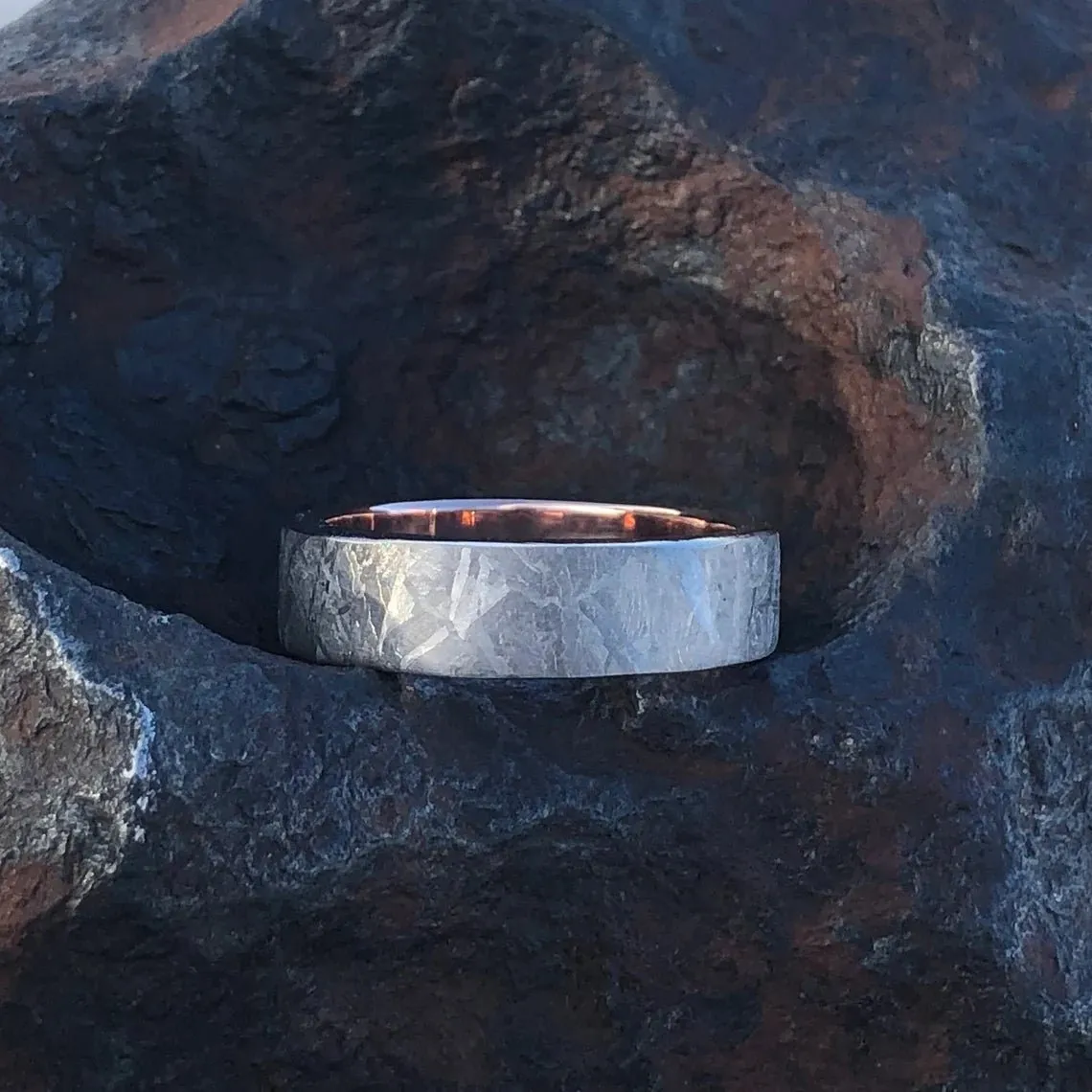 New 6mm Meteorite Ring with 14k Rose Gold Sleeve Wedding Band Custom Made Meteorite Wedding Rings