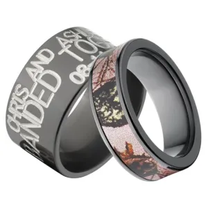 Outdoor His and Her's Matching Mossy Oak Pink Break Up Camouflage & Duck Band Ring Set