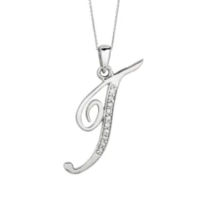 "T" Sterling Silver Rhodium Plated Script Initial Letter With Diamonds On 18 Inch Chain ( 0.05 Tcw)