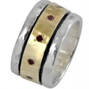 Spinner Ring for woman Jewelry. Sterling Silver and 9kt Gold Ring set with garnets.