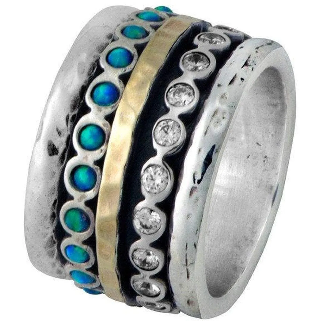 Spinner Ring Jewelry. Sterling Silver and Gold Ring Set Blue Opals