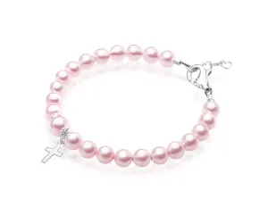 Teen Girl Pink Pearl Bracelet Baptism & Christening Sterling Silver Cross Charm