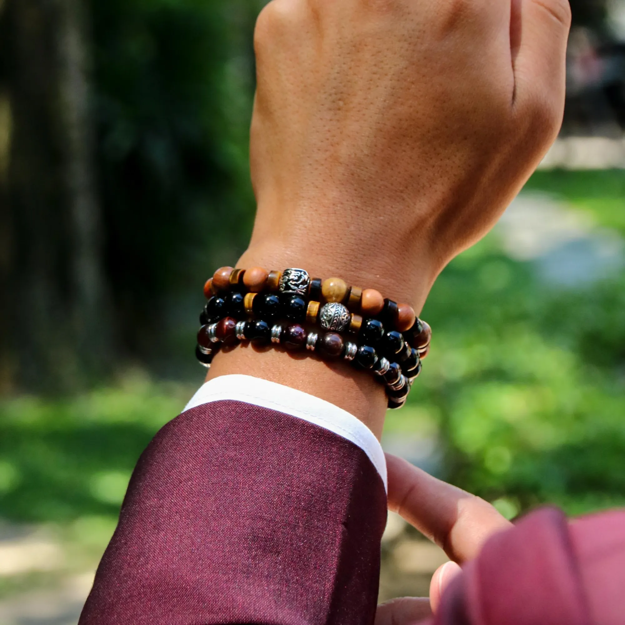 Tiger Eye Obsidian Rhodolite Garnet Beaded Bracelet