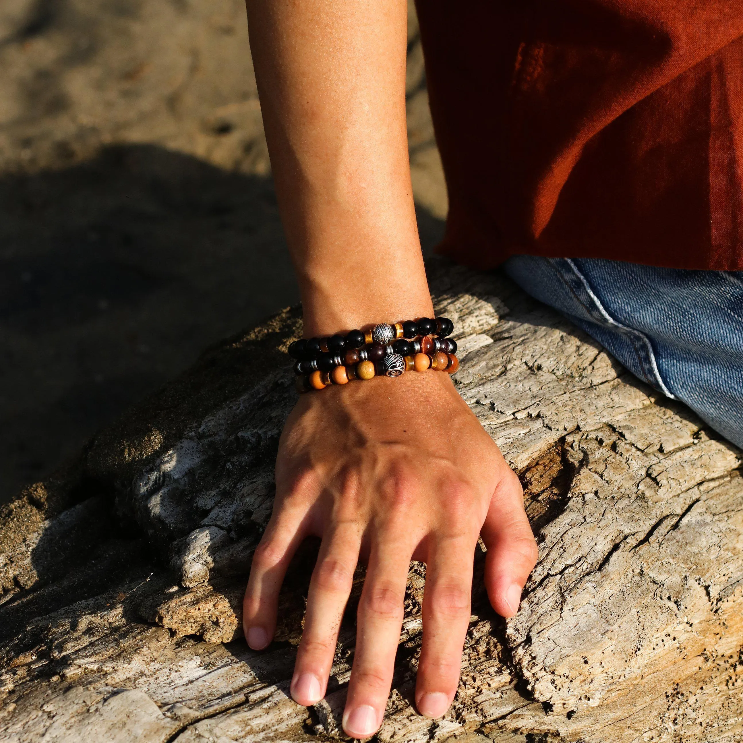 Tiger Eye Obsidian Rhodolite Garnet Beaded Bracelet