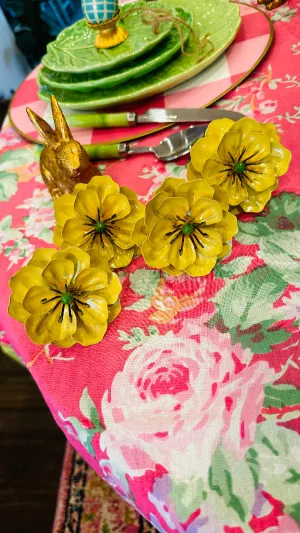 Vintage Napkin Rings, Tole, Enamel,Metal Flowers, Yellow, Set of 4